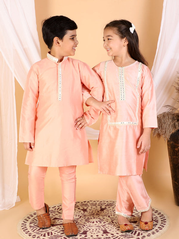 Jashvi Pink Color Viscose Kurta Pyjama Siblings Set