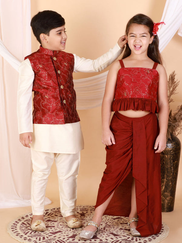 Jashvi Maroon Embroidered Silk Blend Siblings Set