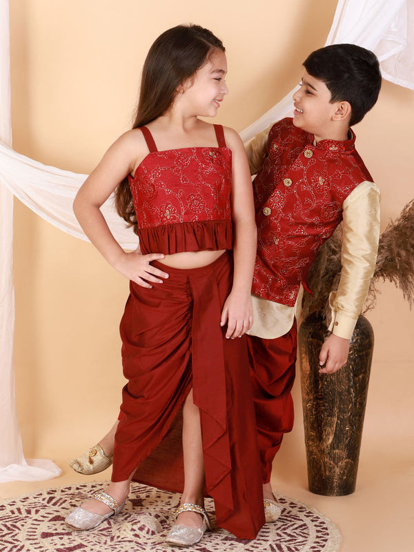 Jashvi Maroon Embroidered Silk Blend Siblings Set