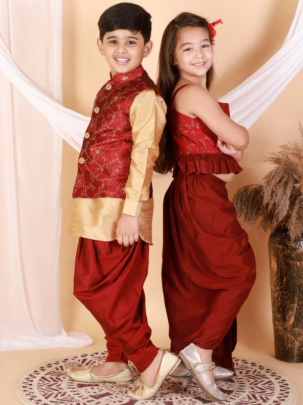 Jashvi Maroon Embroidered Silk Blend Siblings Set