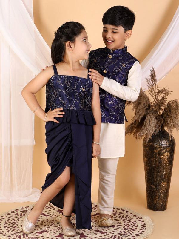 Jashvi Navy Blue Embroidered Silk Blend Siblings Set