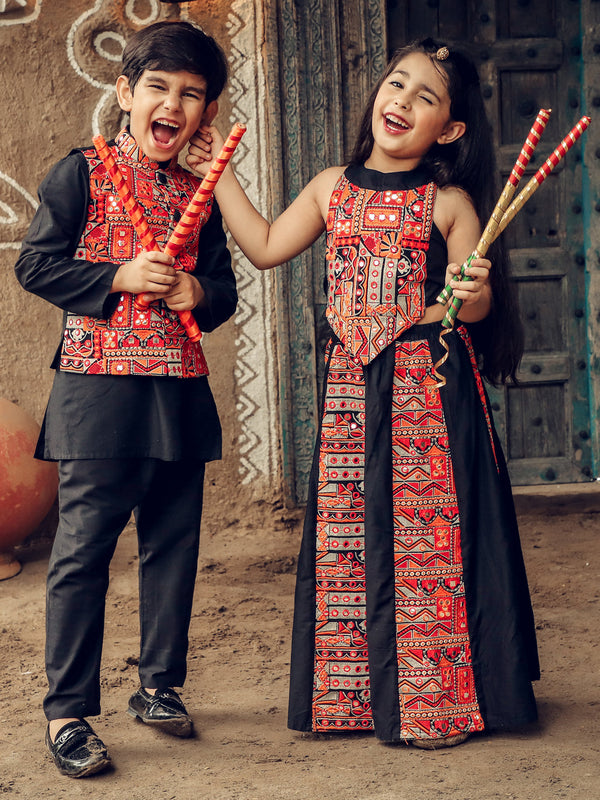 Jashvi Mirror Work Embroidered Navratri Special Siblings Set