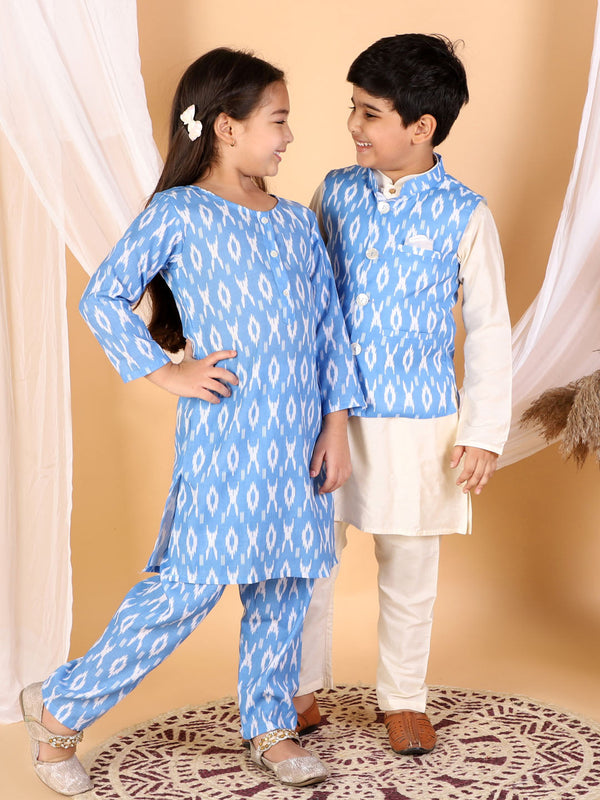 Jashvi Aqua Blue Traditional Ikkat Print Siblings Set