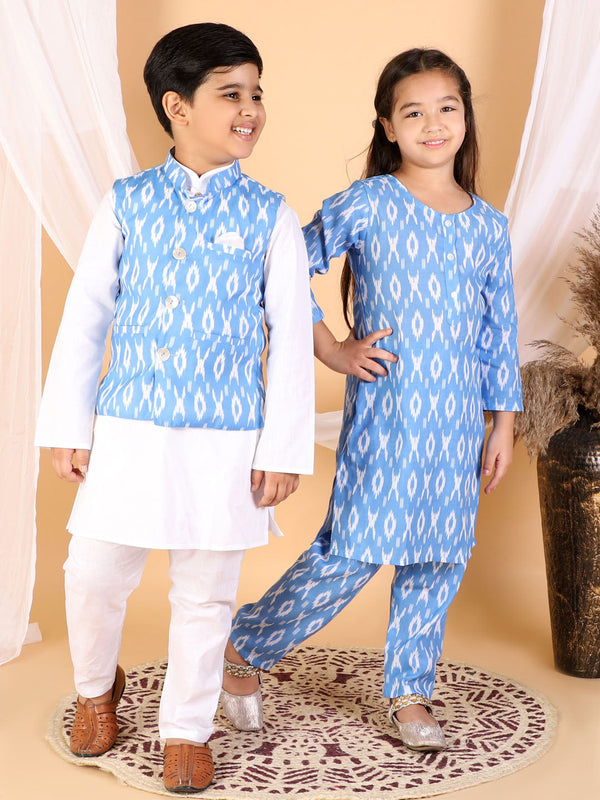 Jashvi Aqua Blue Traditional Ikkat Print Siblings Set