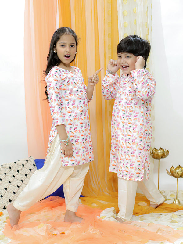 Jashvi Multicolor-Base-White Floral Printed Cotton Linen Siblings Set