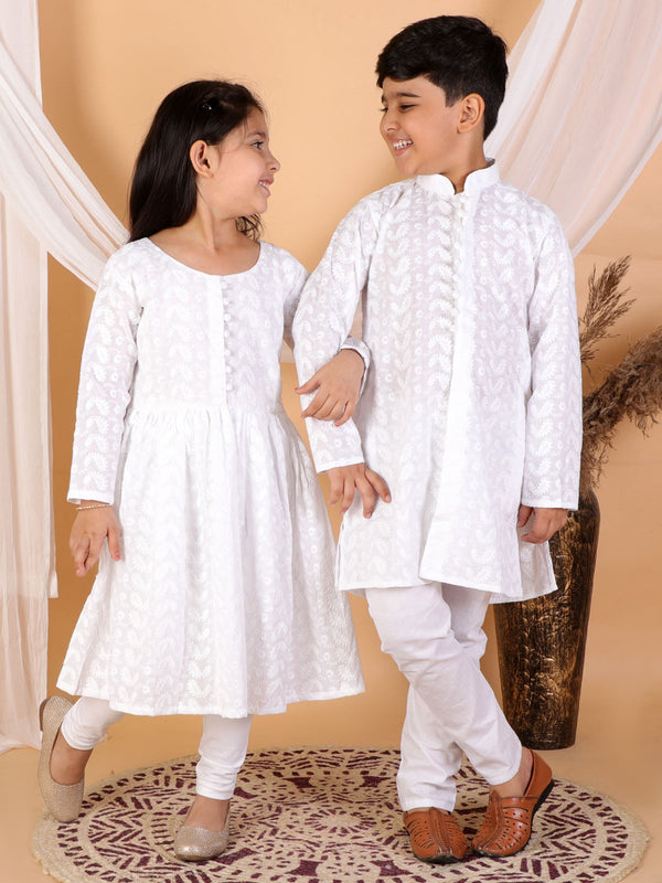 Jashvi White Pure Cotton Chikankari Siblings Set