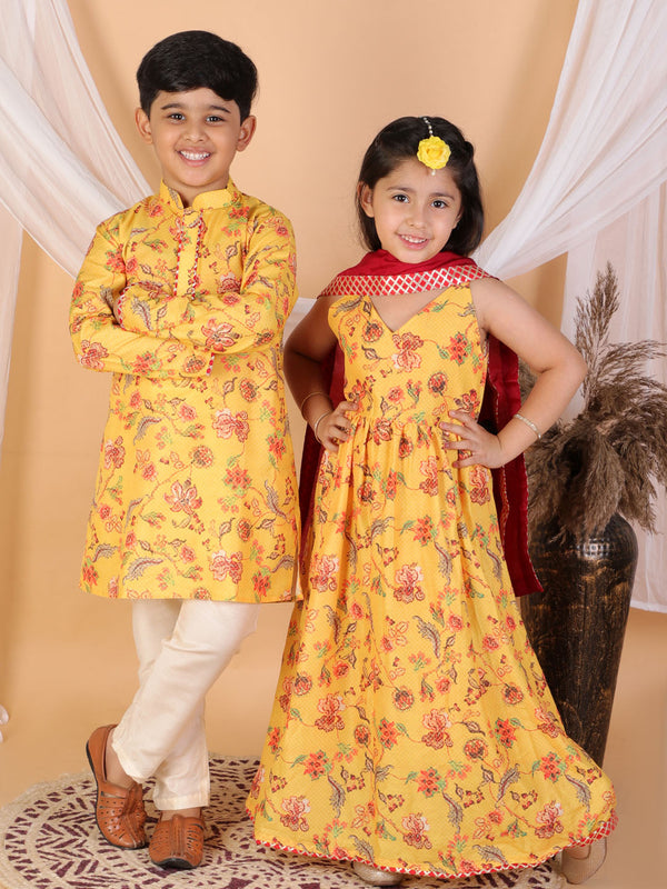 Jashvi Yellow Muslin Cotton Floral printed  Siblings Set