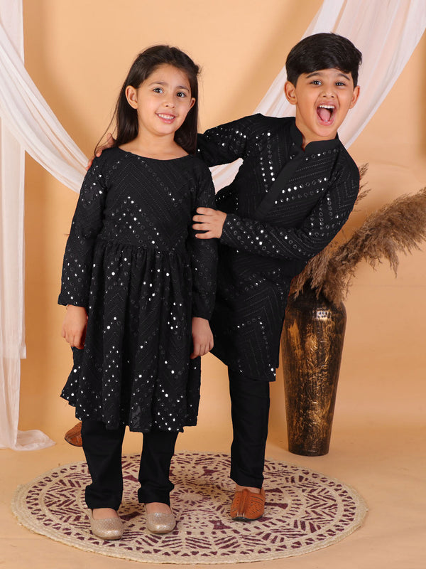 Jashvi Black Mirror Kurta Pyjama Siblings Set