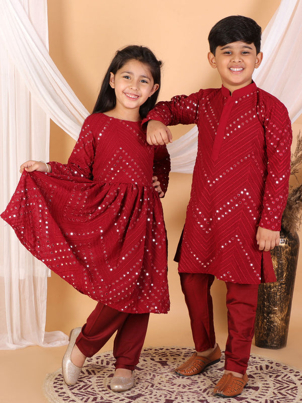 Jashvi Maroon Mirror Kurta Pyjama Siblings Set