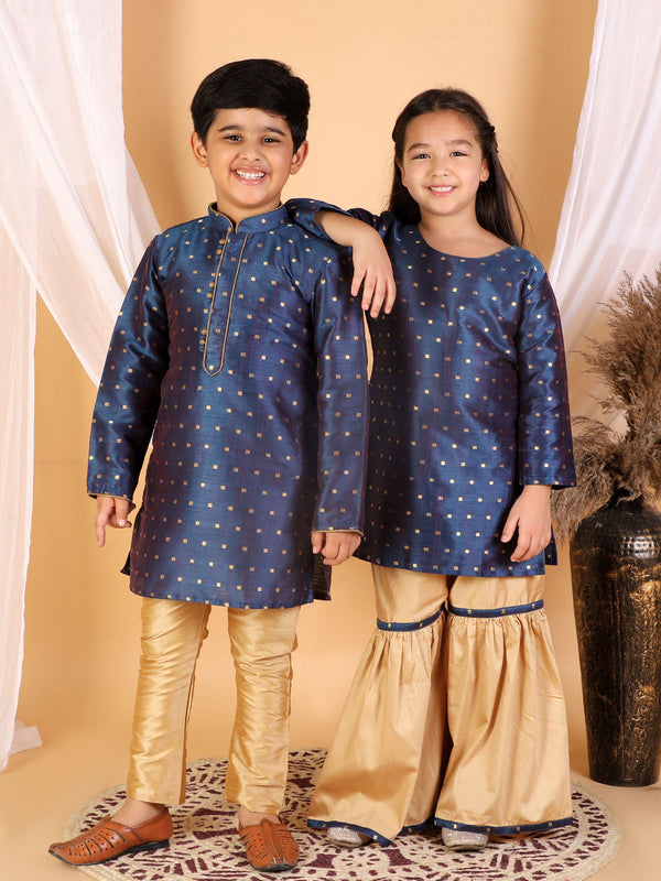 Jashvi Silk Blend Blue And rose Gold Woven Siblings Set