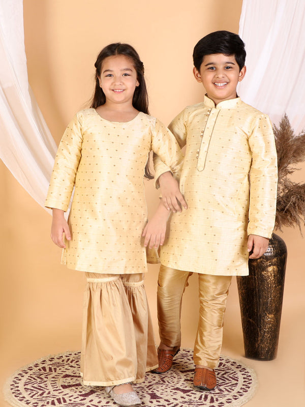 Jashvi Silk Blend Beige And Rose Gold Woven Sibling Set