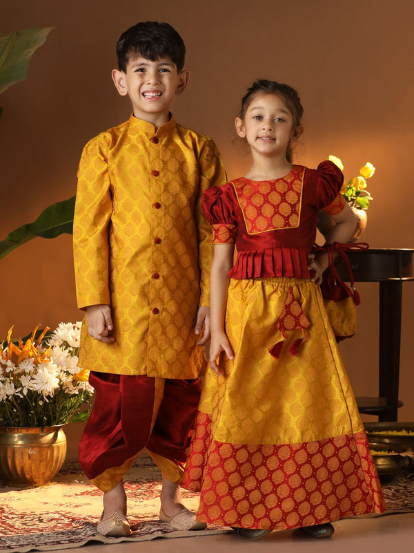 Jashvi Yellow Maroon BHAI BEHEN Siblings Matching Set