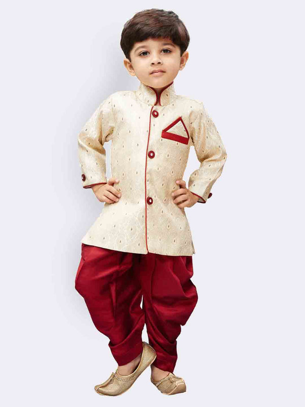 Jashvi Boys' Gold Cotton Silk Kurta and Dhoti Pant Set