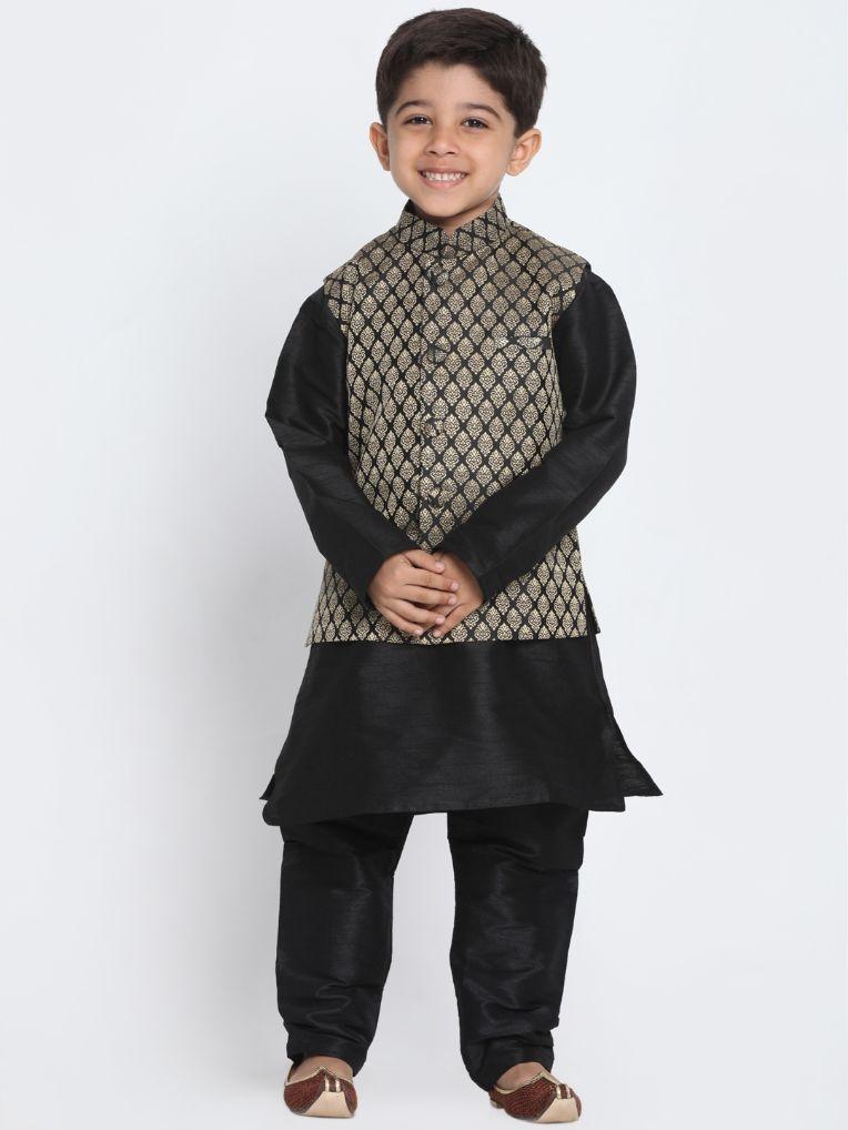 Boys' Black Cotton Silk Blend Kurta, Waistcoat and Pyjama Set