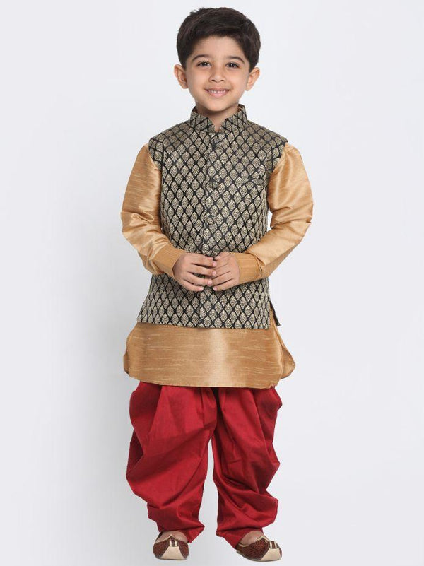 Jashvi Boys' Black Cotton Silk Blend Ethnic Jacket, Golden Kurta and Dhoti Pant Set