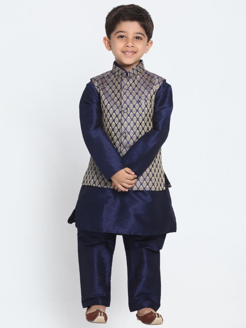 Cotton Silk Blend Kurta Pyjama Set for Boys with Nehru Jacket - Vastramay Boys