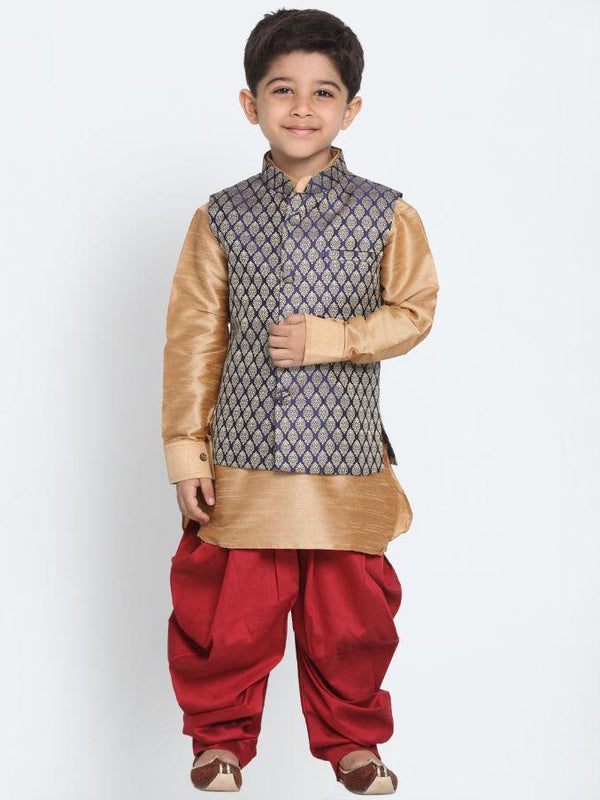 Jashvi Boys' Blue Cotton Silk Blend Ethnic Jacket, Golden Kurta and Dhoti Pant Set