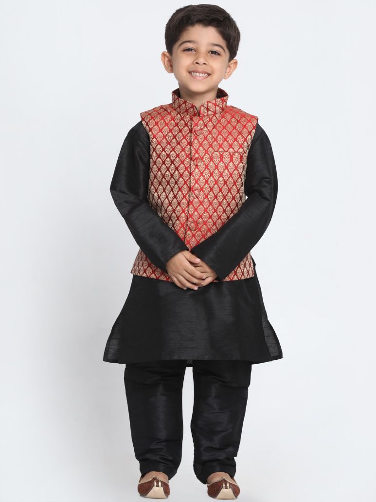 Boys' Maroon Cotton Silk Blend Kurta, Waistcoat and Pyjama Set