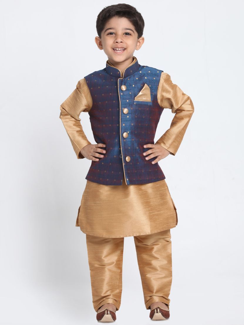 Boys' Deep Blue Cotton Silk Blend Kurta, Waistcoat and Pyjama Set