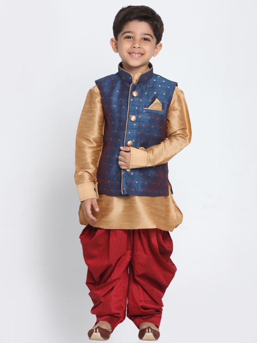 Boys' Deep Blue Cotton Silk Blend Ethnic Jacket, Kurta and Dhoti Pant Set