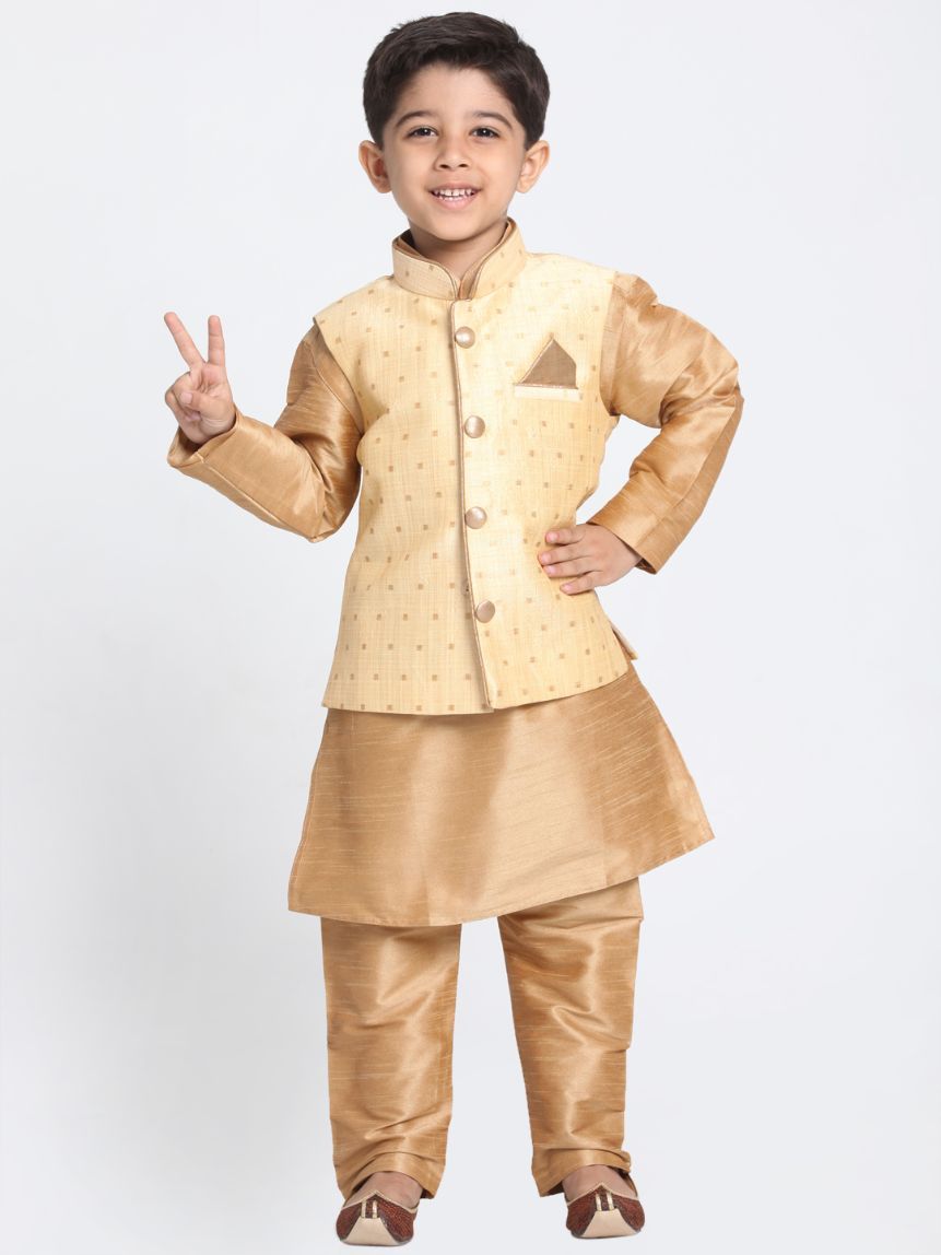 Boys' Gold Cotton Silk Blend Kurta, Waistcoat and Pyjama Set