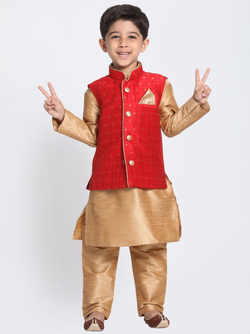 Boys' Maroon Cotton Silk Blend Kurta, Waistcoat and Pyjama Set