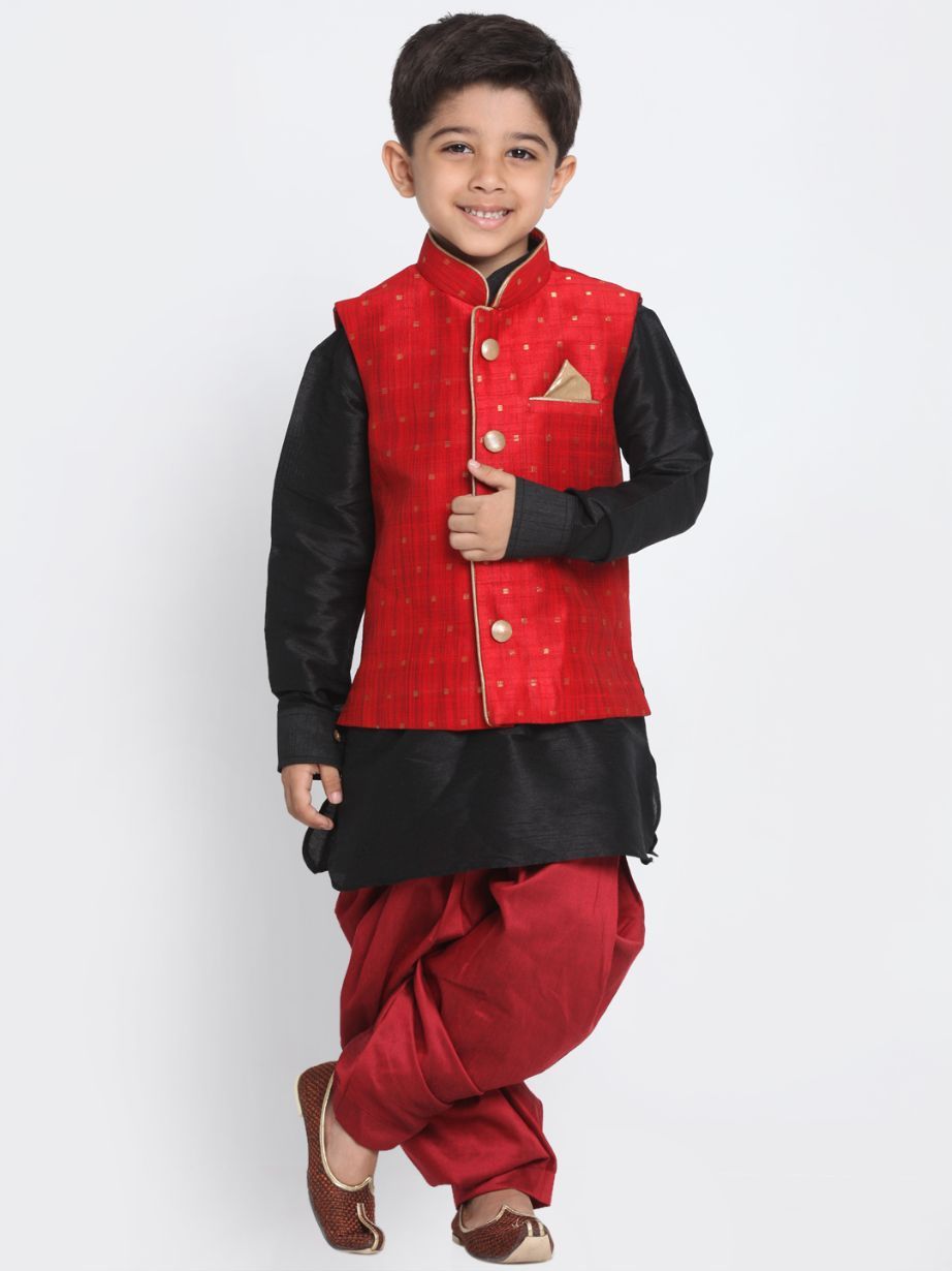 Boys' Maroon Cotton Silk Blend Ethnic Jacket, Kurta and Dhoti Pant Set