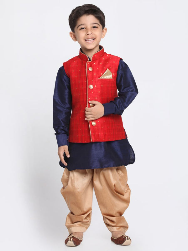 Boys' Maroon Cotton Silk Blend Ethnic Jacket, Kurta and Dhoti Pant Set