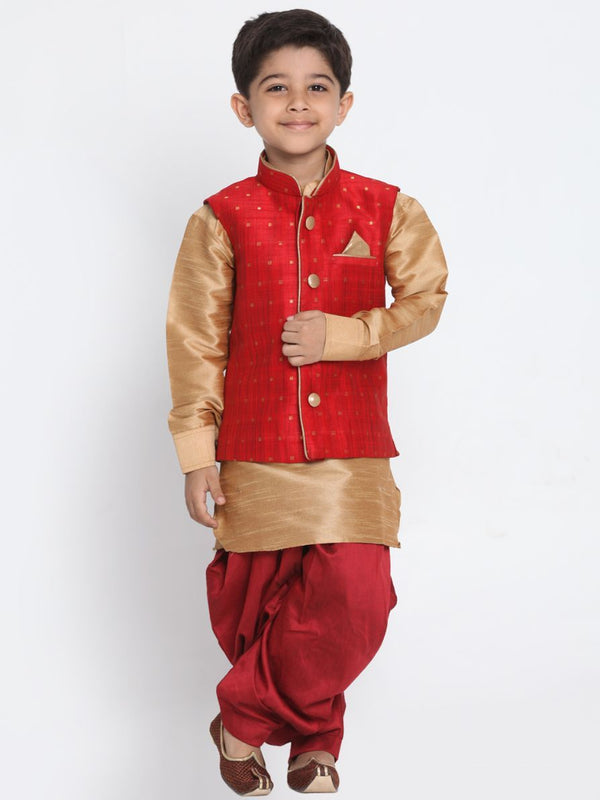 Boys' Maroon Cotton Silk Blend Ethnic Jacket, Kurta and Dhoti Pant Set