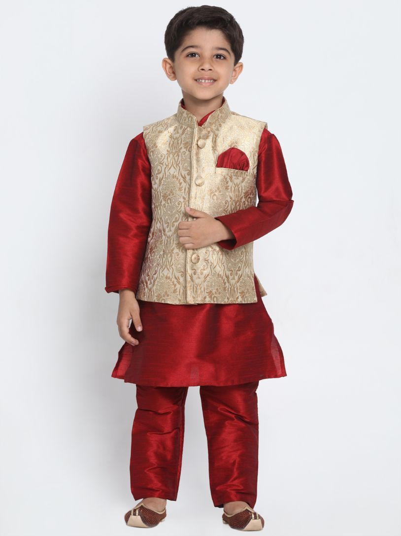 Boys' Gold Cotton Silk Blend Kurta, Waistcoat and Pyjama Set