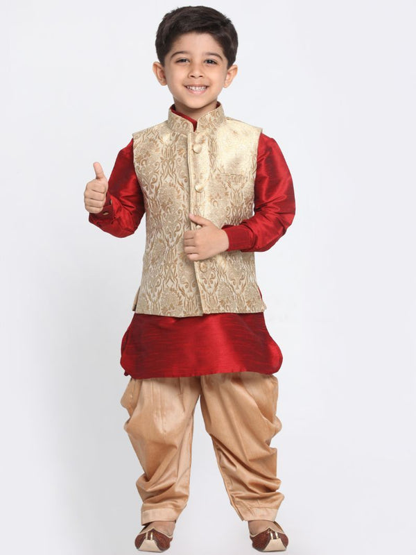 Boys' Gold Cotton Silk Blend Ethnic Jacket, Kurta and Dhoti Pant Set