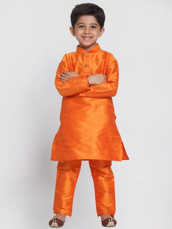 Jashvi Boys' Orange Cotton Silk Blend Kurta and Pyjama Set