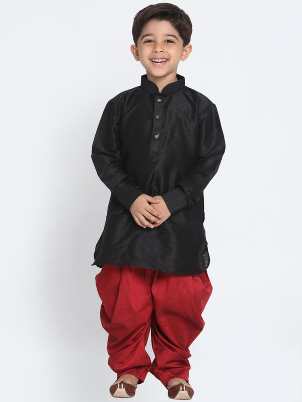 Jashvi Boys' Black Cotton Silk Blend Kurta and Dhoti Pant Set