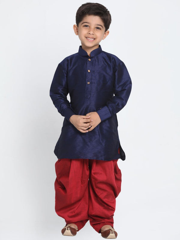 Jashvi Boys' Blue Cotton Silk Blend Kurta and Dhoti Pant Set