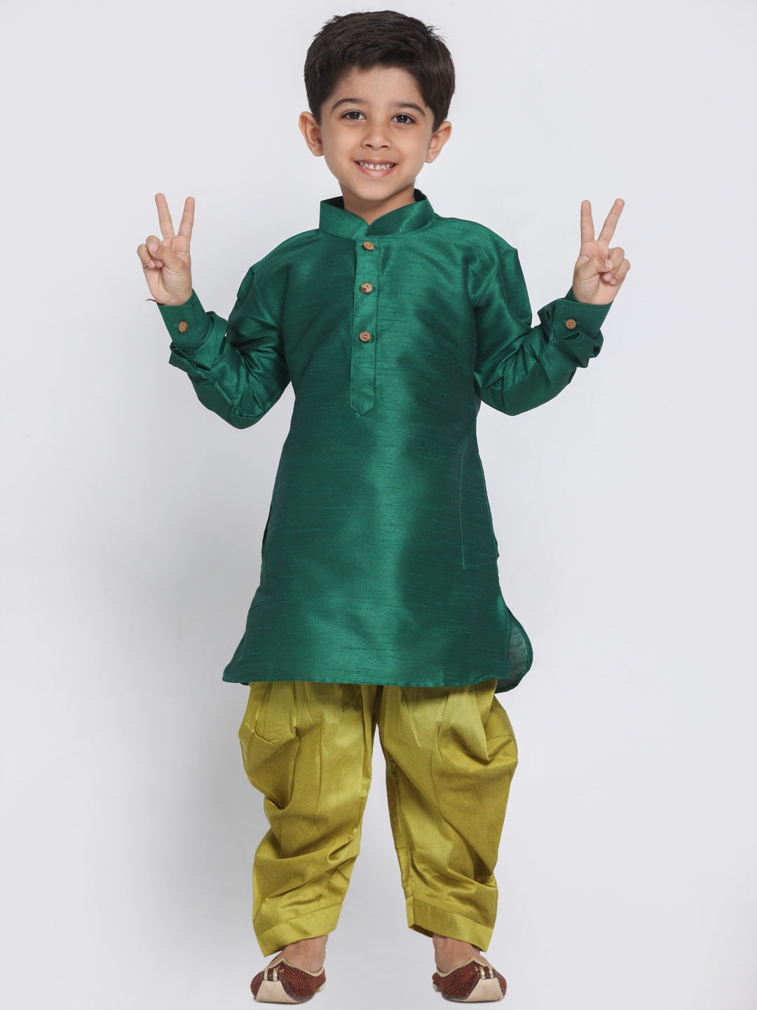 Boy's Bottle Green And Chutney Silk Blend Kurta And Dhoti Set - JBN Creation