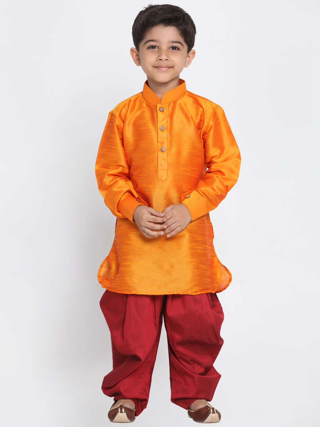 Boy's Orange And Maroon Silk Blend Kurta And Dhoti Set - JBN Creation