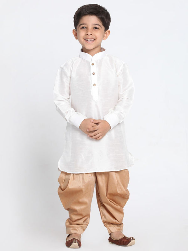 Boys' White Cotton Silk Blend Kurta and Dhoti Pant Set