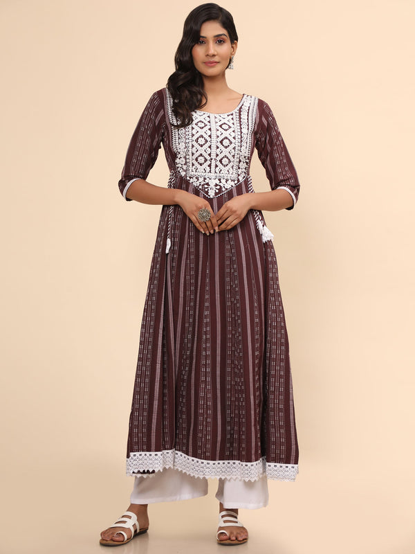 Women's Embroidered Anarkali Cotton Purple Stitched Kurta - Vbuyz