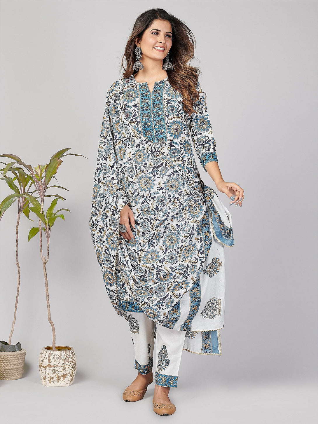 Women's Printed & Sequence & Gota Patti Straight Cotton Blue Stitched Kurta Pant With Dupatta - Vbuyz