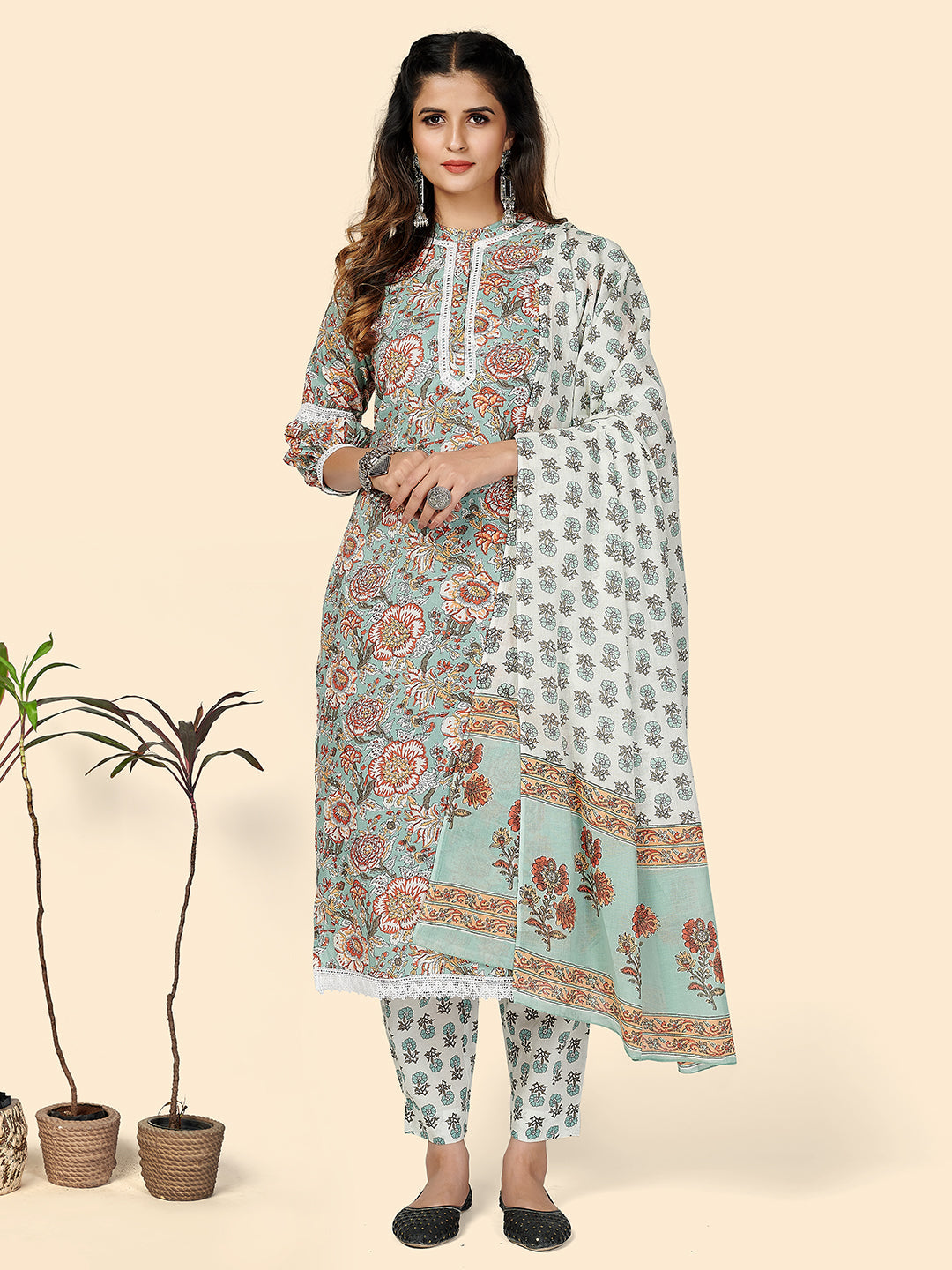 Women's Printed & Lace Work Straight Cotton Turquoise Stitched Kurta Pant With Dupatta - Vbuyz