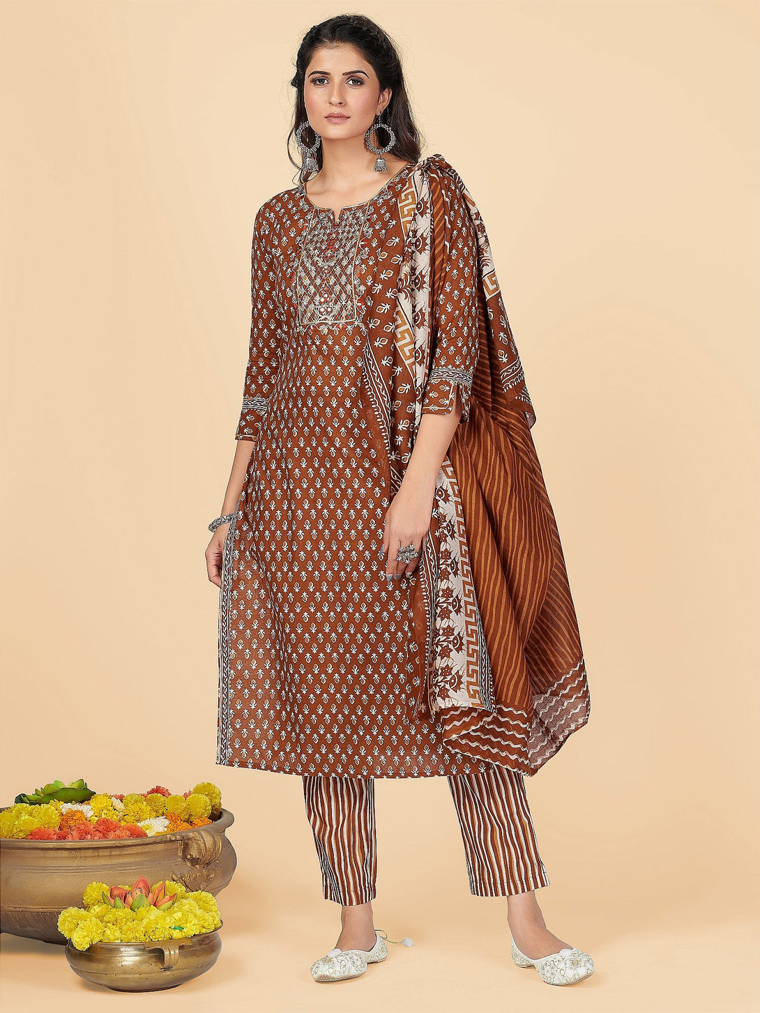 Women's Brown Kurta & Pant With Dupatta Set By Vbuyz- (3Pcs Set)