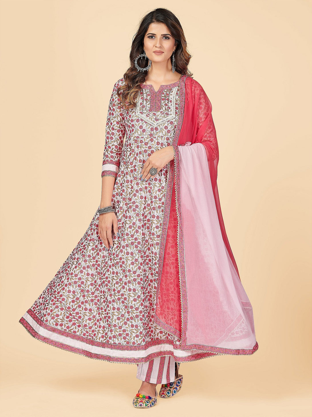 Women's Pink Anarkali Kurta & Pant With Dupatta Set By Vbuyz- (3Pcs Set)