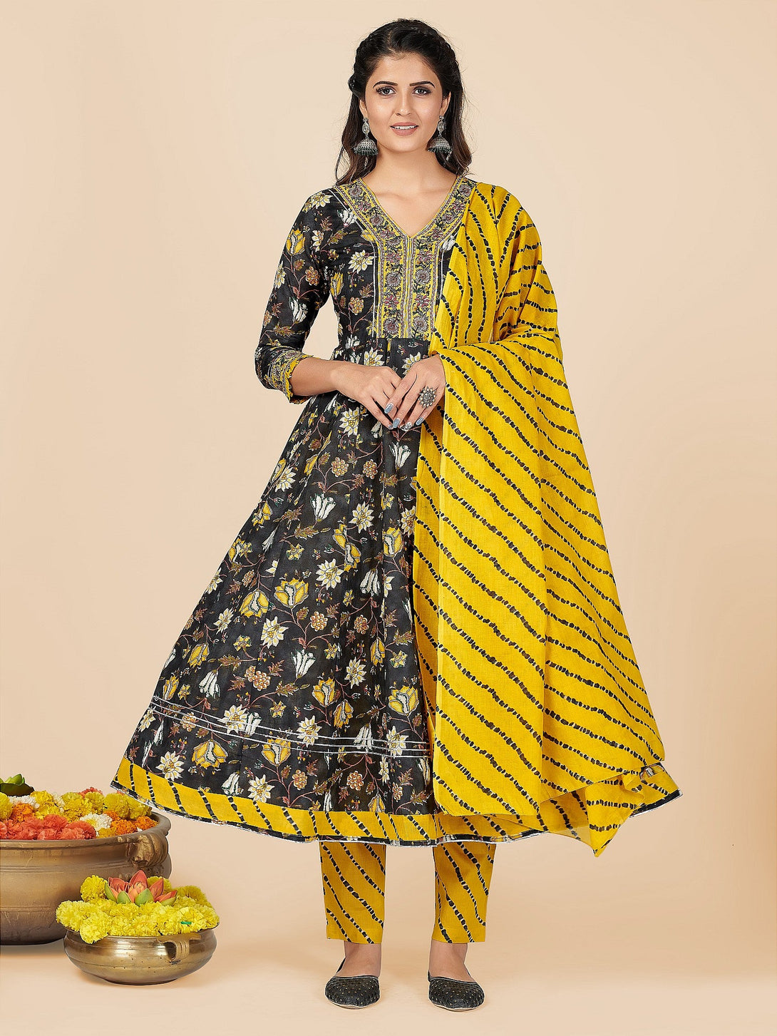 Women's Printed & Embroidered Anarkali Cotton Black Stitched Kurta Pant With Dupatta - Vbuyz