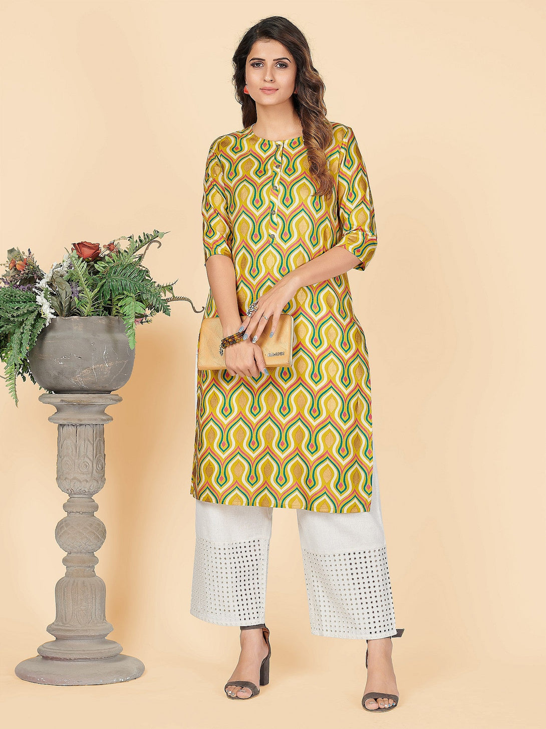 Women's Foil Print Straight Rayon Yellow Stitched Kurta - Vbuyz