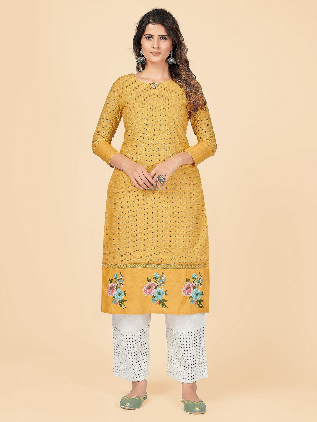 Women's Chikankari & Embroidered Straight Cotton Yellow Stitched Kurta - Vbuyz