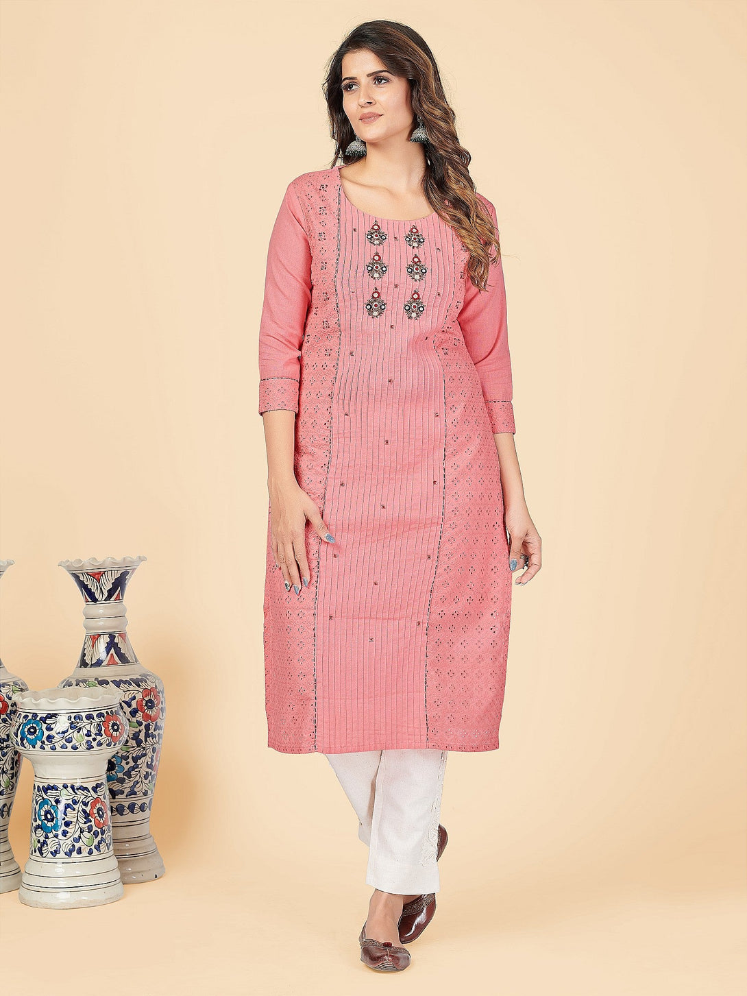 Women's Chikankari & Embroidered Straight Cotton Peach Stitched Kurta - Vbuyz