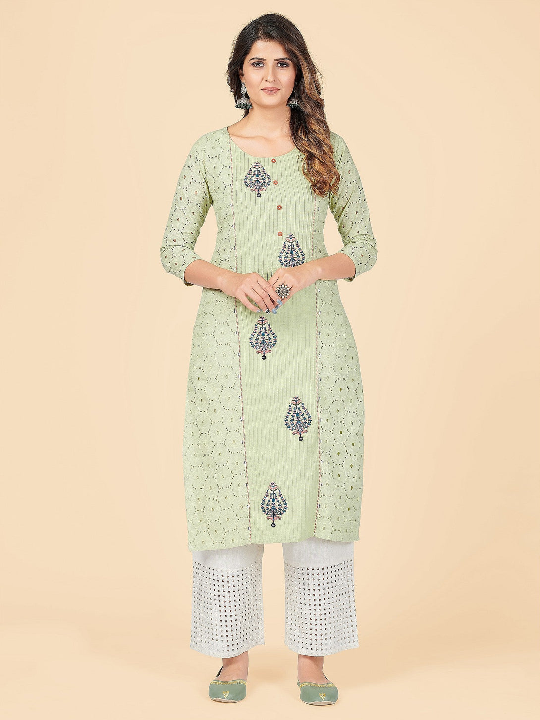 Women's Chikankari & Embroidered Straight Cotton Pista Stitched Kurta - Vbuyz