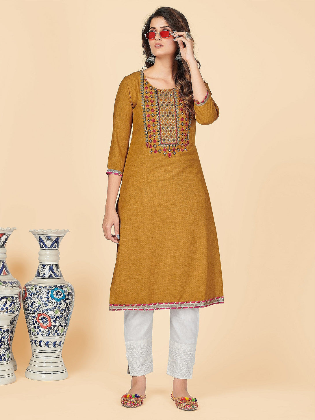 Women's Solid & Embroidered Straight Cotton Mustard Stitched Kurta - Vbuyz