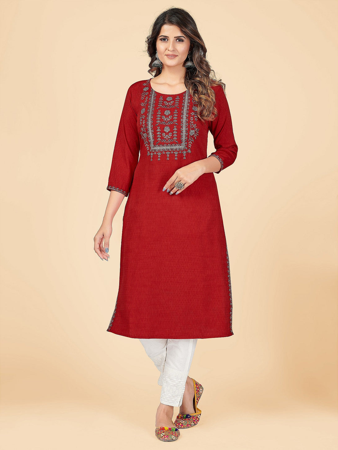 Women's Solid & Embroidered Straight Rayon Red Stitched Kurta - Vbuyz