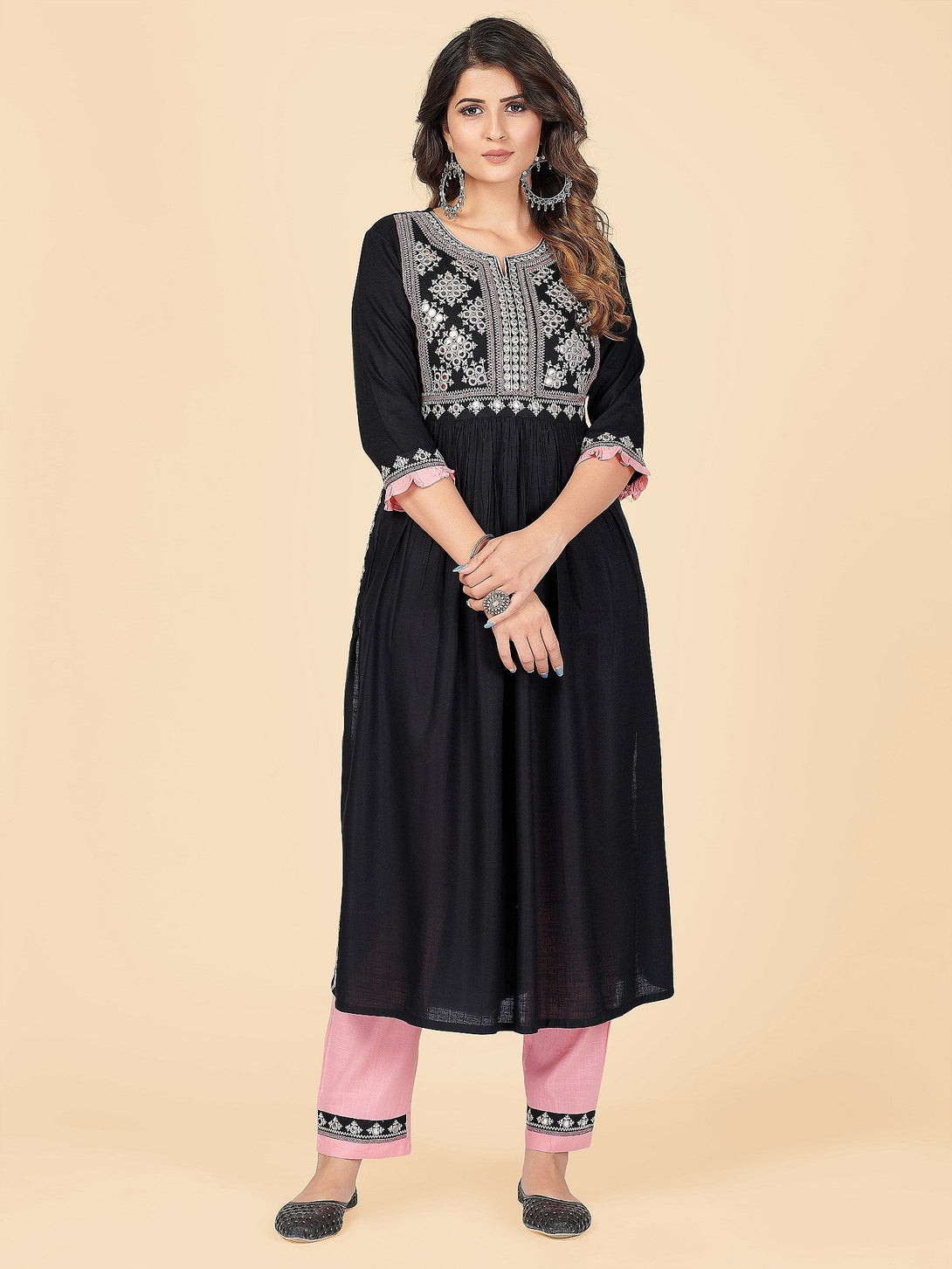 Women's Embroidered & Mirror Work A-Line With Side Slit Rayon Black Stitched Kurta With Pant - Vbuyz